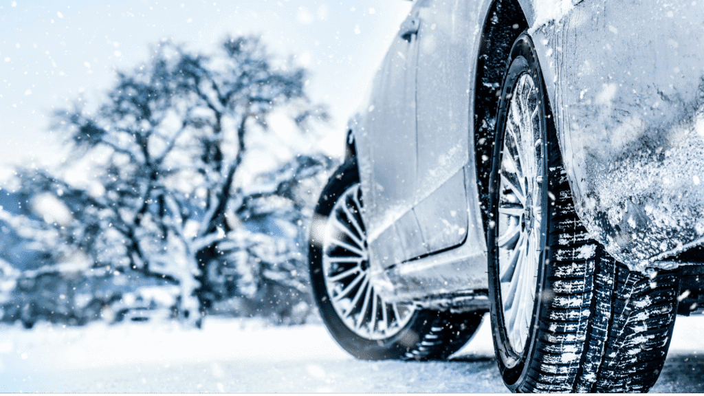 Close-up of winter tire with snowflake symbol on a car in Wilmette