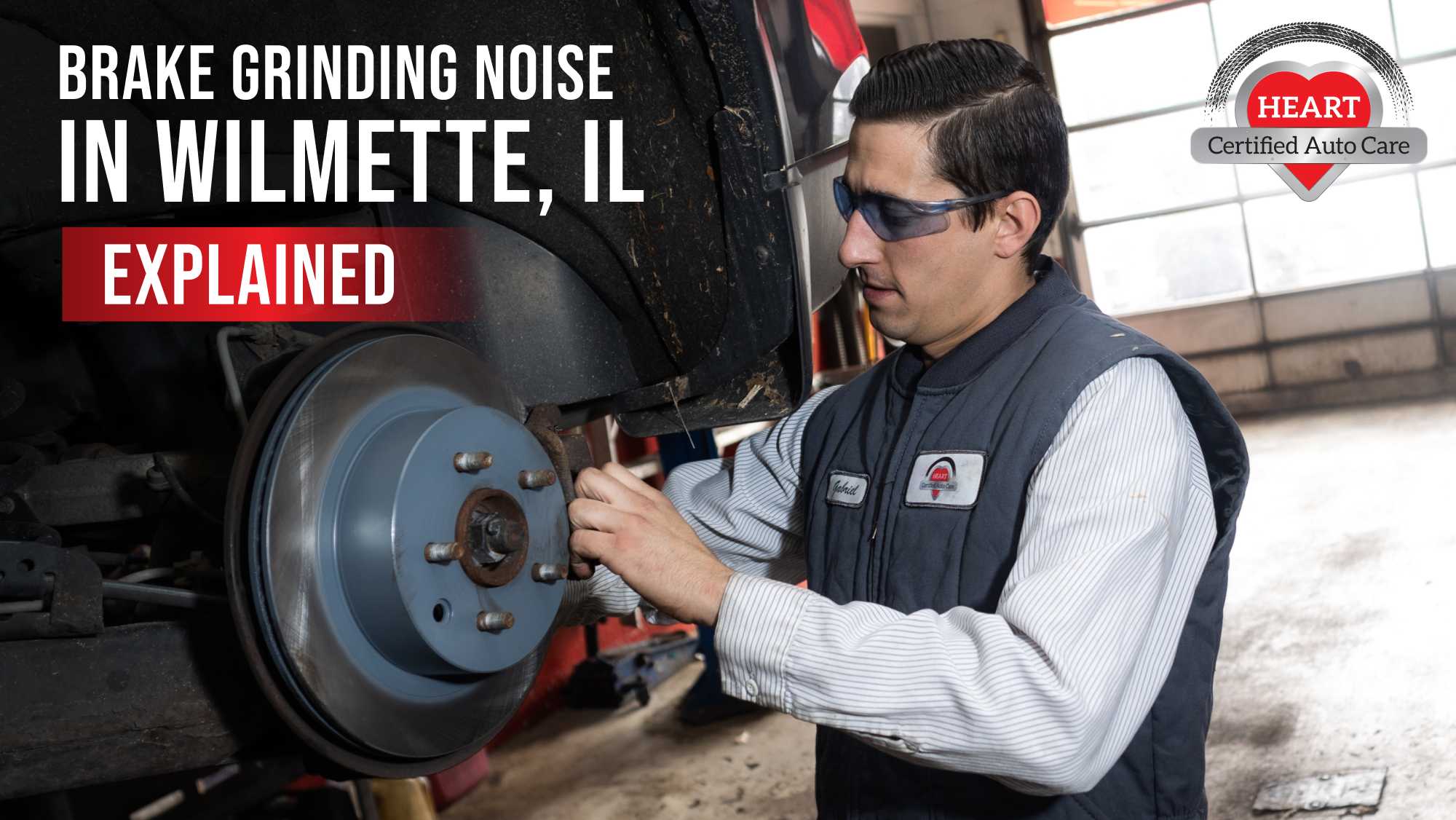 Brake inspection showing worn brake pads and rotor damage in Wilmette IL