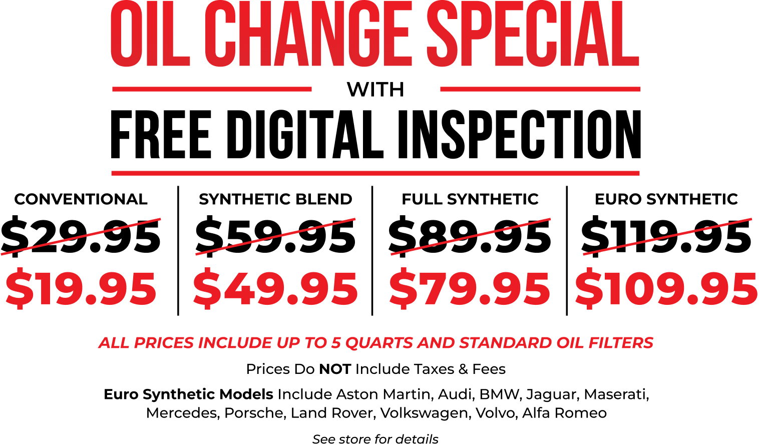 Oil change pricing details and promotion information