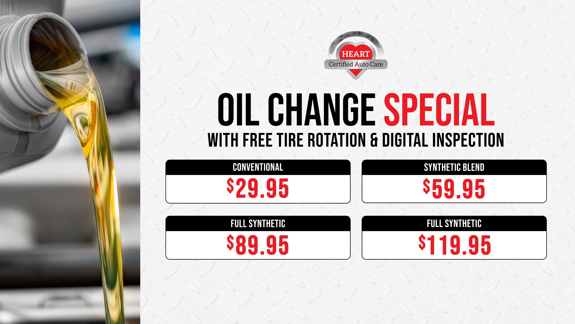 Save on August Oil Change Specials at HEART Certified Auto Care. Get a free tire rotation and digital inspection with qualifying oil changes.