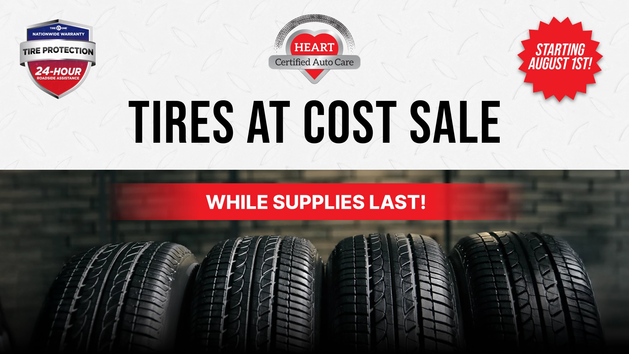 Technician installing new passenger tires during the August Tire Sale at HEART Certified Auto Care