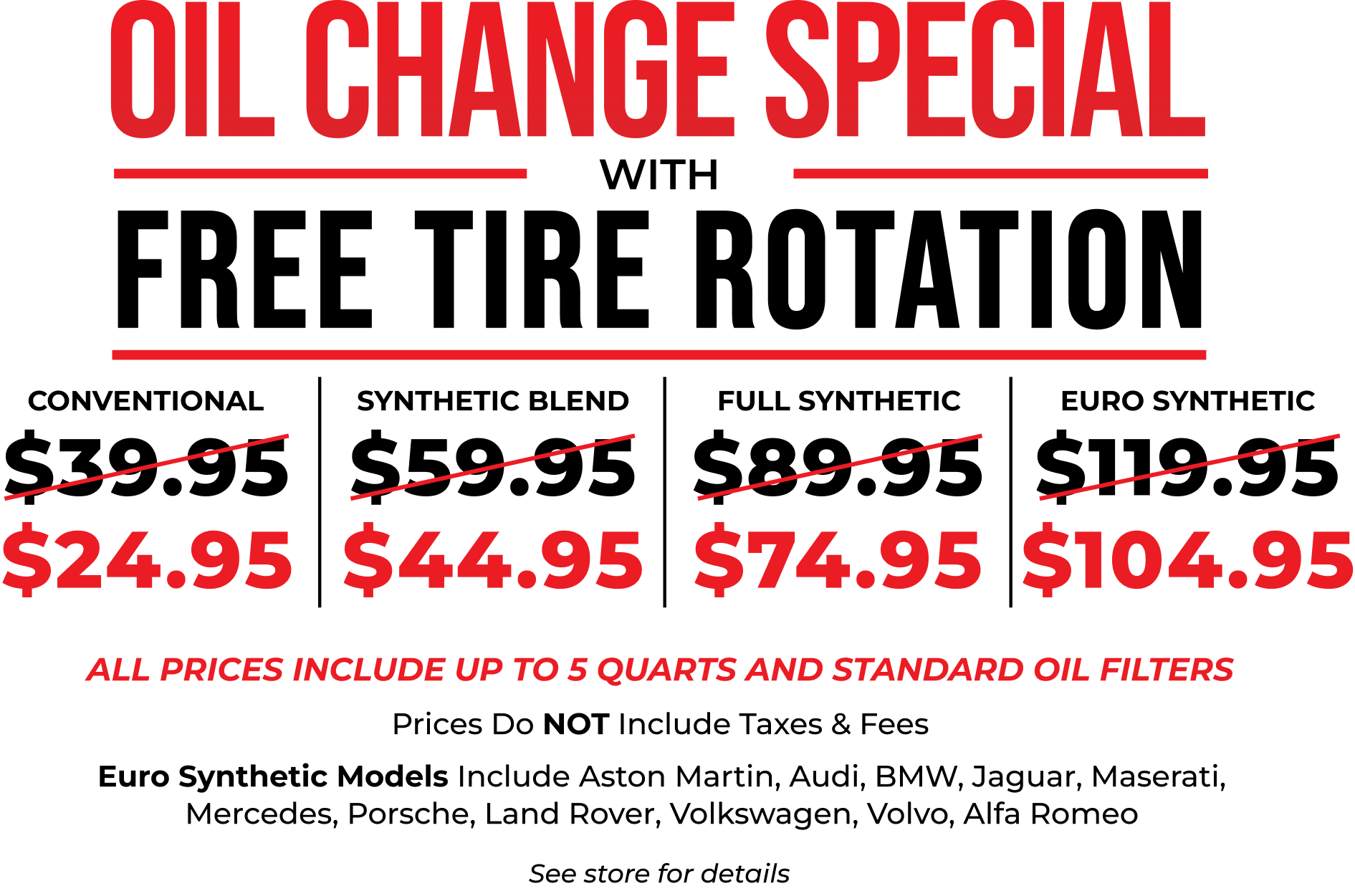 Oil change pricing details and promotion information