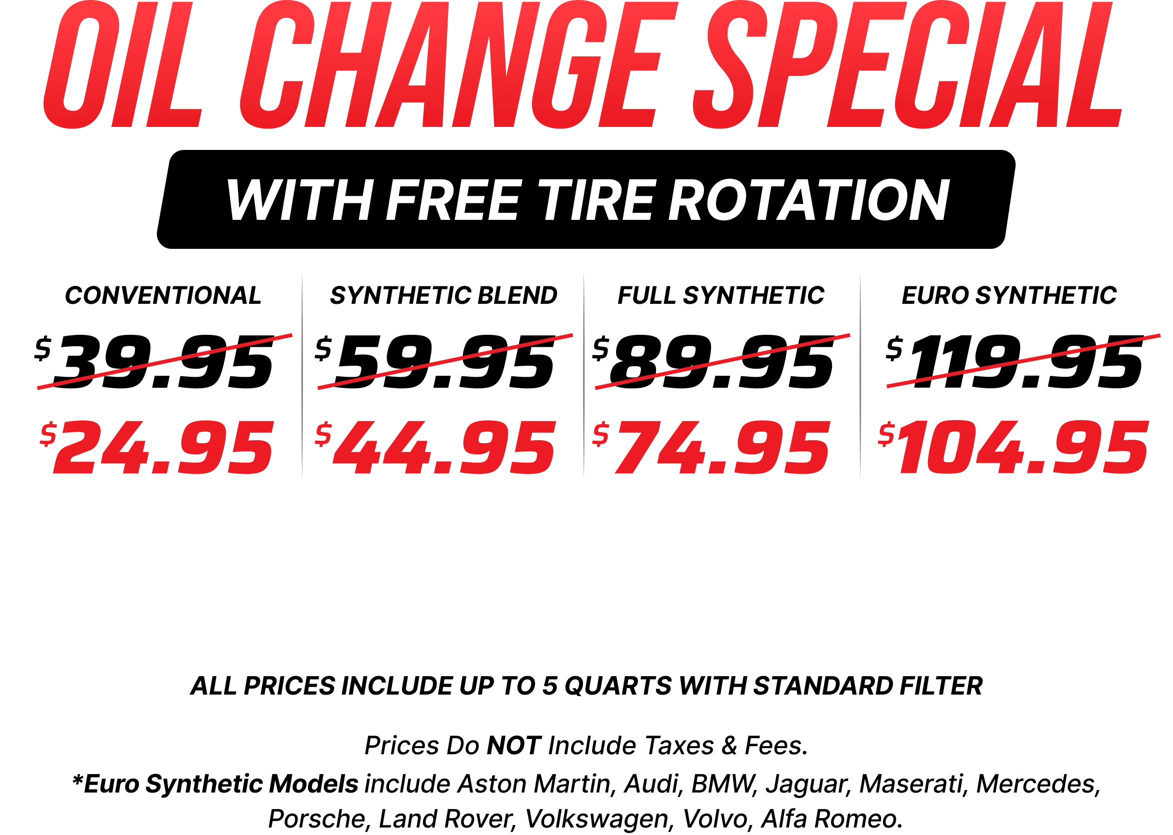 Oil change pricing details and promotion information