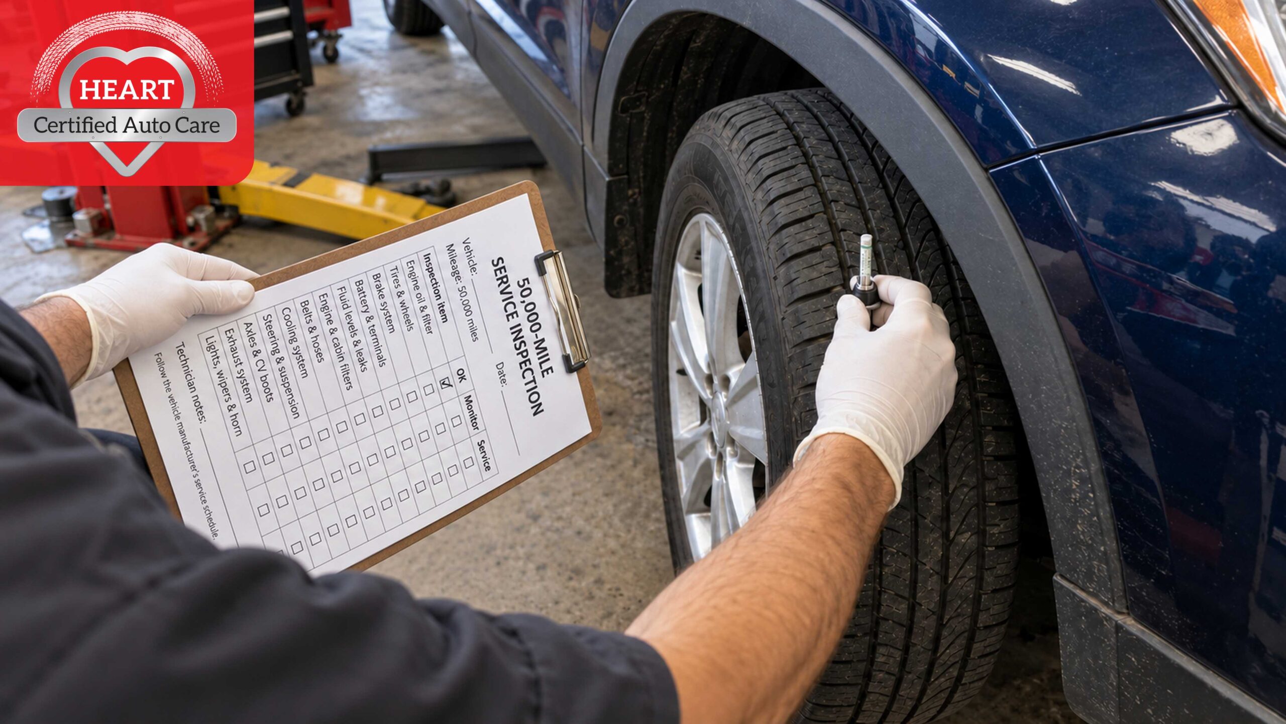 50000-mile car maintenance checklist at an auto repair shop