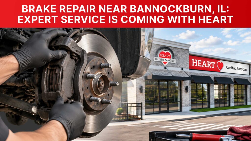 A certified HEART Auto Care technician performing a brake inspection on a car near Bannockburn, IL.