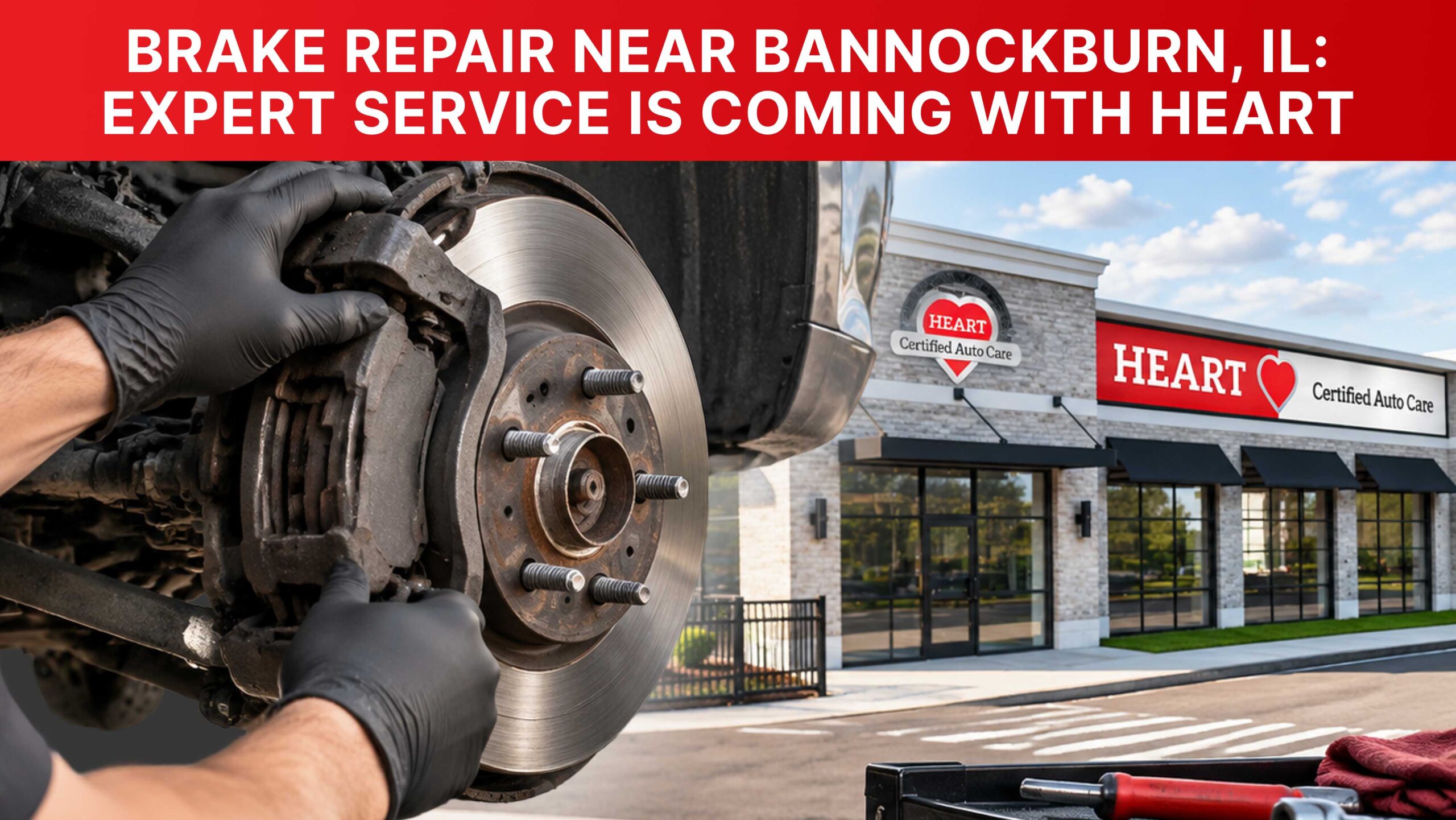 A certified HEART Auto Care technician performing a brake inspection on a car near Bannockburn, IL.