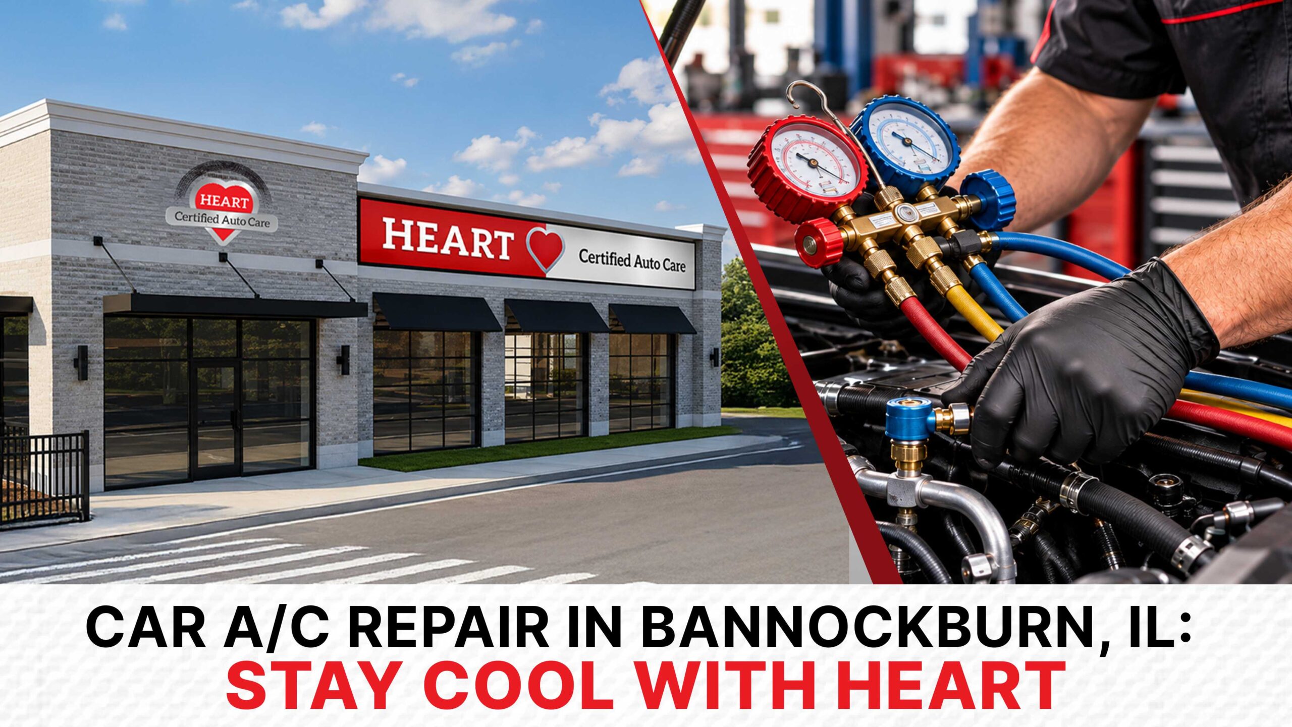 Car AC Repair in Bannockburn IL Stay Cool with HEART | HEART Certified Auto Care Car A/C repair service in Bannockburn IL technician inspecting system