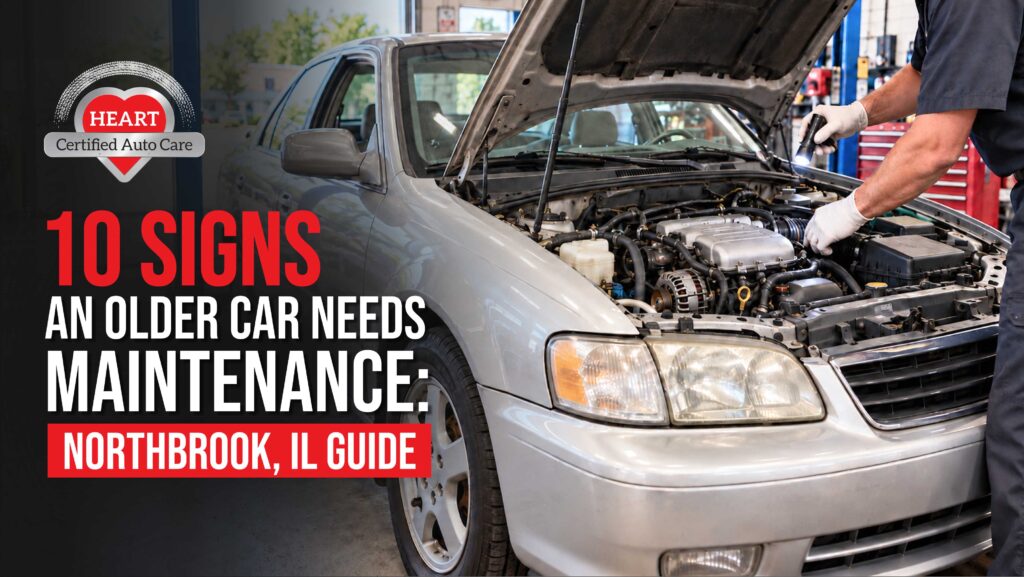 Older car receiving maintenance inspection at an auto repair shop in Northbrook IL