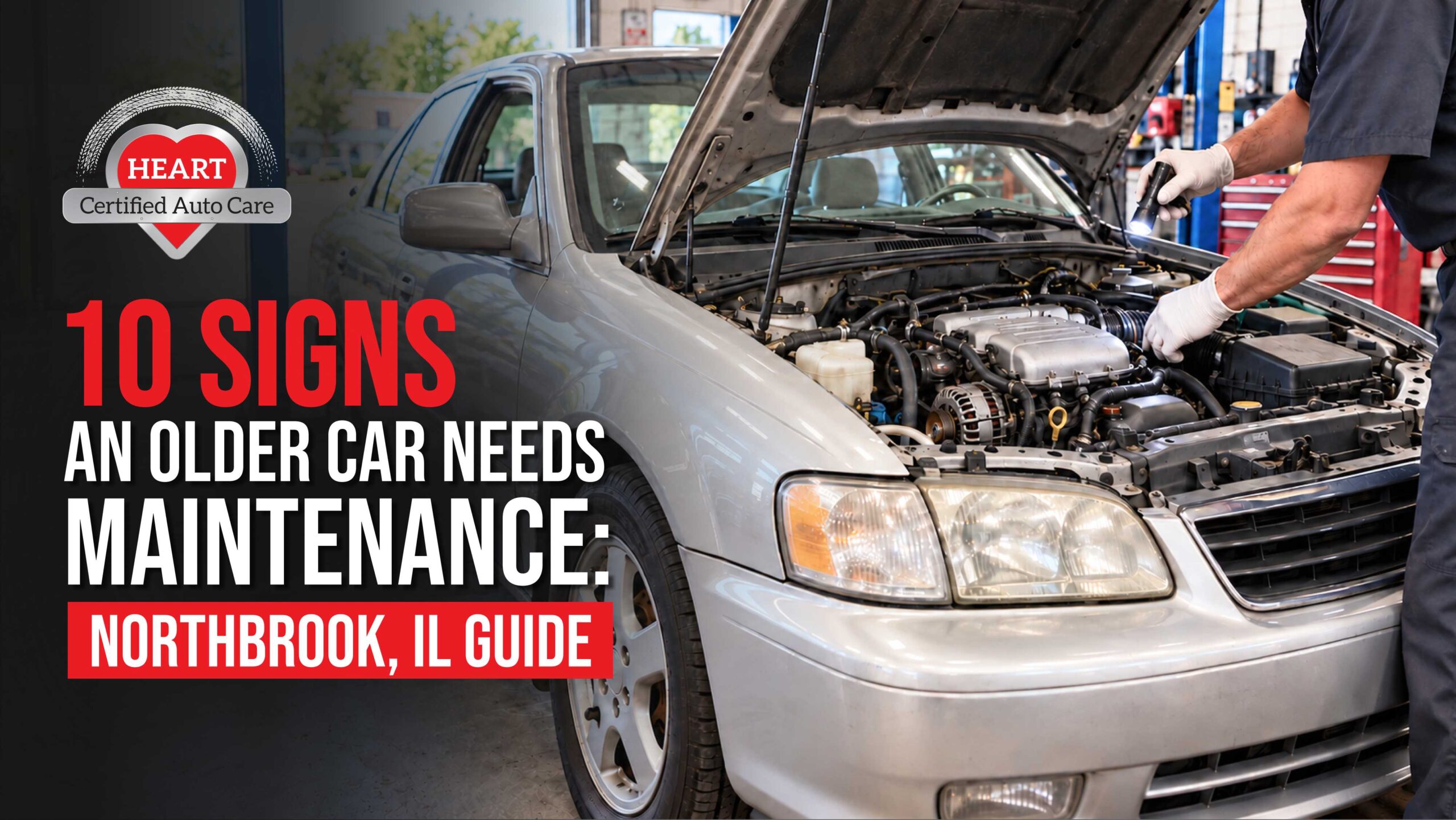Older car receiving maintenance inspection at an auto repair shop in Northbrook IL